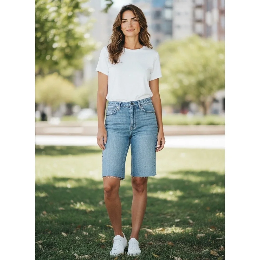 Camila Coelho High Waist Midi Studded Denim Shorts Light Wash Blue‎ Boho Rocker